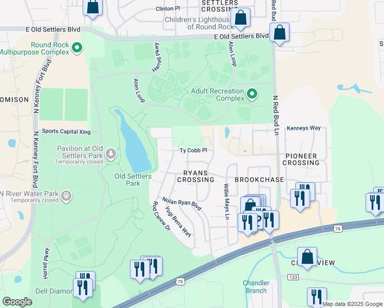 map of restaurants, bars, coffee shops, grocery stores, and more near 1503 Ty Cobb Place in Round Rock