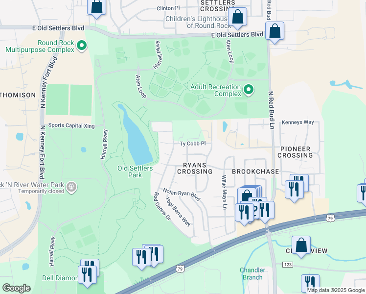 map of restaurants, bars, coffee shops, grocery stores, and more near 1503 Ty Cobb Place in Round Rock