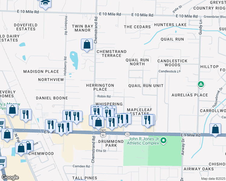 map of restaurants, bars, coffee shops, grocery stores, and more near 416 Robin Road in Pensacola