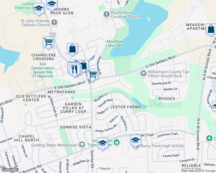 map of restaurants, bars, coffee shops, grocery stores, and more near 2471 Sunrise Road in Round Rock