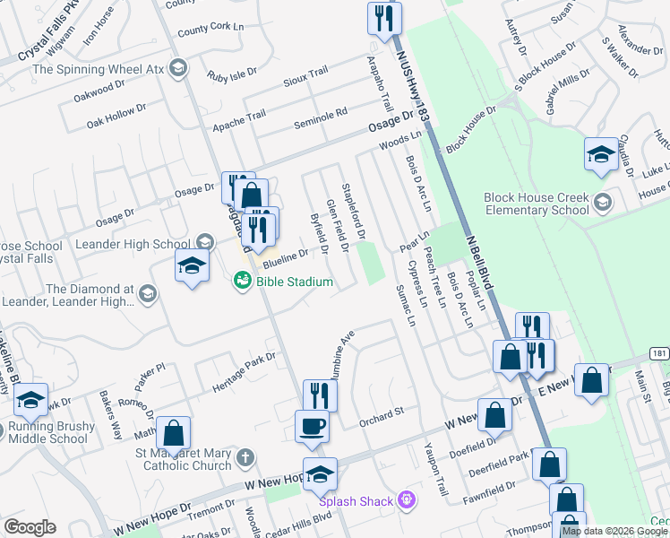 map of restaurants, bars, coffee shops, grocery stores, and more near 2421 Byfield Drive in Cedar Park