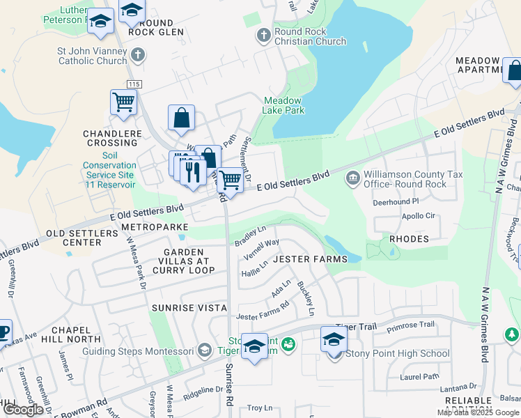 map of restaurants, bars, coffee shops, grocery stores, and more near 1551 East Old Settlers Boulevard in Round Rock