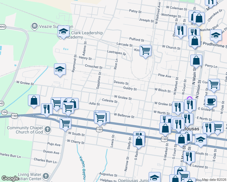 map of restaurants, bars, coffee shops, grocery stores, and more near 900-1098 Rose Ann Street in Opelousas