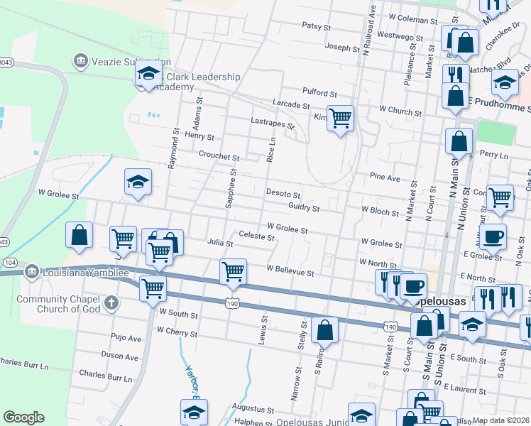 map of restaurants, bars, coffee shops, grocery stores, and more near 900-1098 Rose Ann Street in Opelousas