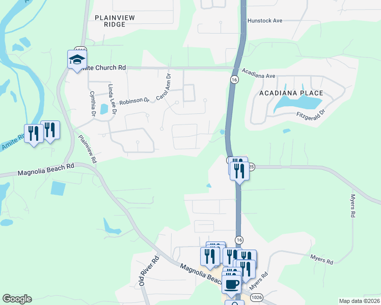 map of restaurants, bars, coffee shops, grocery stores, and more near 7765 Amite Springs Drive in Denham Springs