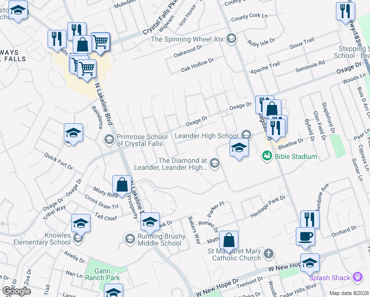 map of restaurants, bars, coffee shops, grocery stores, and more near 1310 Alpine Mountain Drive in Leander