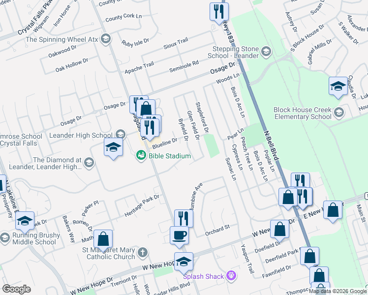 map of restaurants, bars, coffee shops, grocery stores, and more near 2421 Byfield Drive in Cedar Park