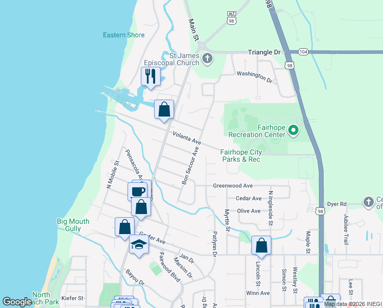 map of restaurants, bars, coffee shops, grocery stores, and more near 423 Miller Avenue in Fairhope