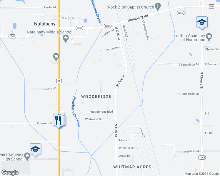 map of restaurants, bars, coffee shops, grocery stores, and more near 3704 Delia Randall Road in Hammond