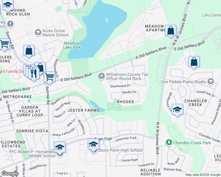 map of restaurants, bars, coffee shops, grocery stores, and more near 1219 Deerhound Pl in Round Rock