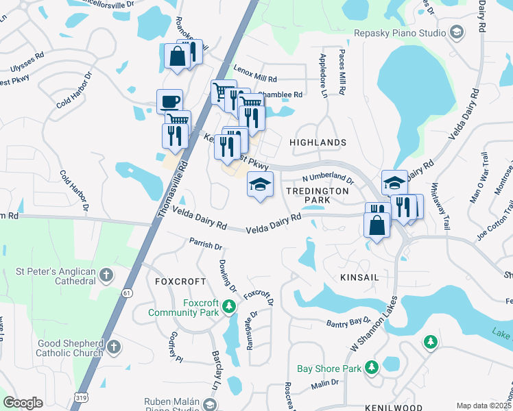 map of restaurants, bars, coffee shops, grocery stores, and more near 5200 Tredington Park Drive in Tallahassee