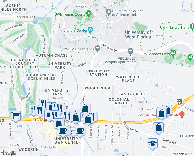 map of restaurants, bars, coffee shops, grocery stores, and more near 2020 Cambridge Circle in Pensacola