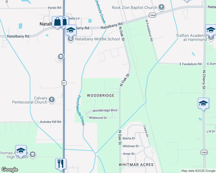 map of restaurants, bars, coffee shops, grocery stores, and more near 3704 Delia Randall Road in Hammond