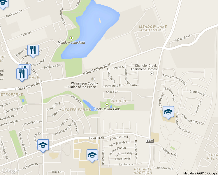 map of restaurants, bars, coffee shops, grocery stores, and more near 1214 Champion Drive in Round Rock