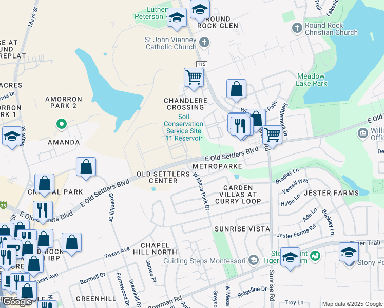map of restaurants, bars, coffee shops, grocery stores, and more near 1200 East Old Settlers Boulevard in Round Rock