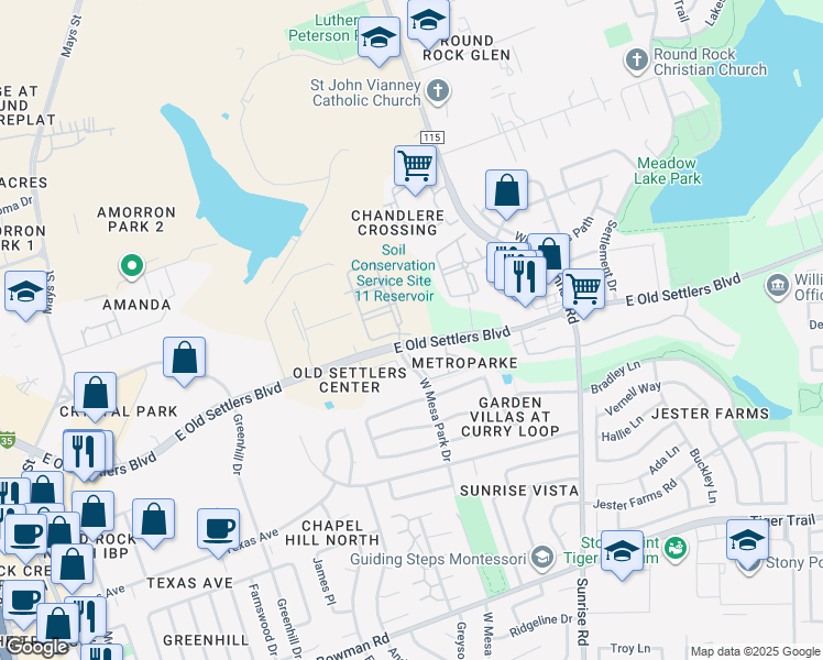map of restaurants, bars, coffee shops, grocery stores, and more near 1200 East Old Settlers Boulevard in Round Rock