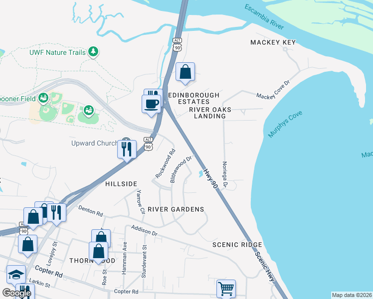 map of restaurants, bars, coffee shops, grocery stores, and more near 9965 Scenic Highway in Pensacola