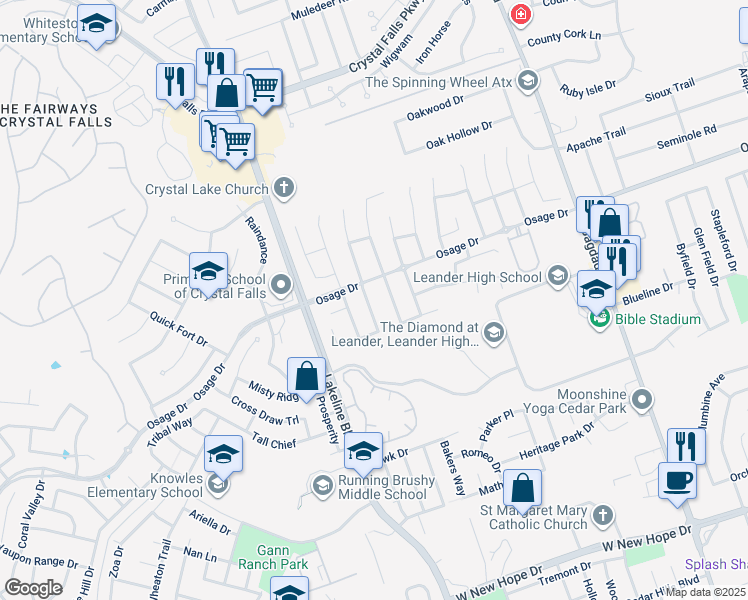 map of restaurants, bars, coffee shops, grocery stores, and more near 2708 Granite Creek Drive in Leander