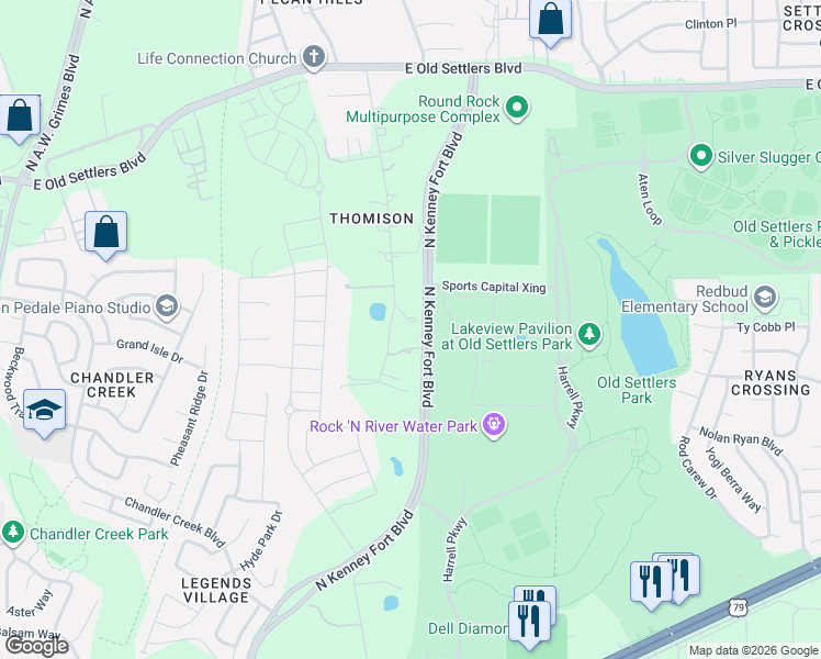 map of restaurants, bars, coffee shops, grocery stores, and more near 7 Brenda Lane in Round Rock