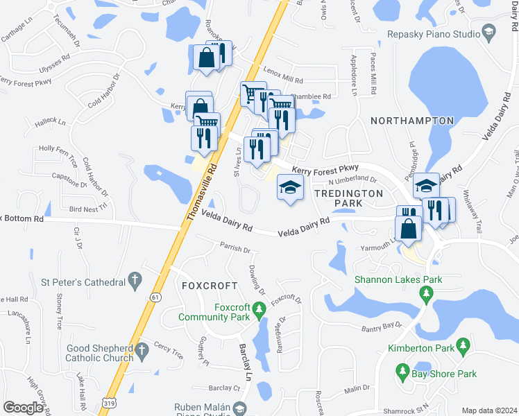 map of restaurants, bars, coffee shops, grocery stores, and more near 5304 Saint Ives Lane in Tallahassee