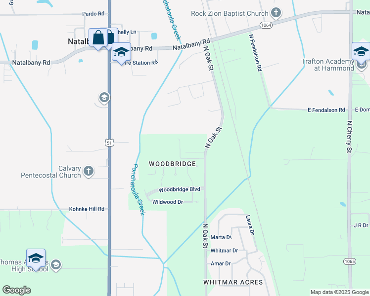 map of restaurants, bars, coffee shops, grocery stores, and more near 3704 Delia Randall Road in Hammond