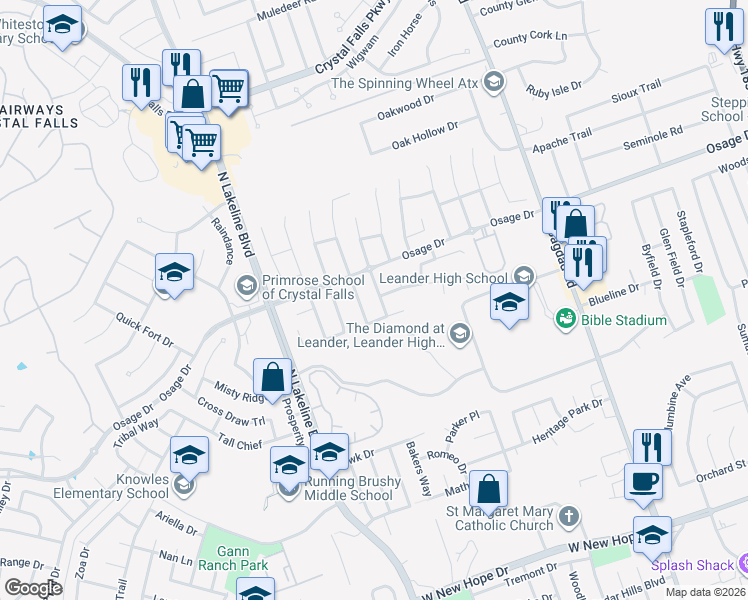 map of restaurants, bars, coffee shops, grocery stores, and more near 2715 Saddle Blanket Place in Leander
