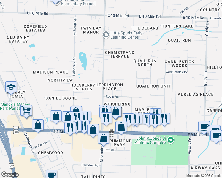 map of restaurants, bars, coffee shops, grocery stores, and more near 9831 Monet Way in Pensacola