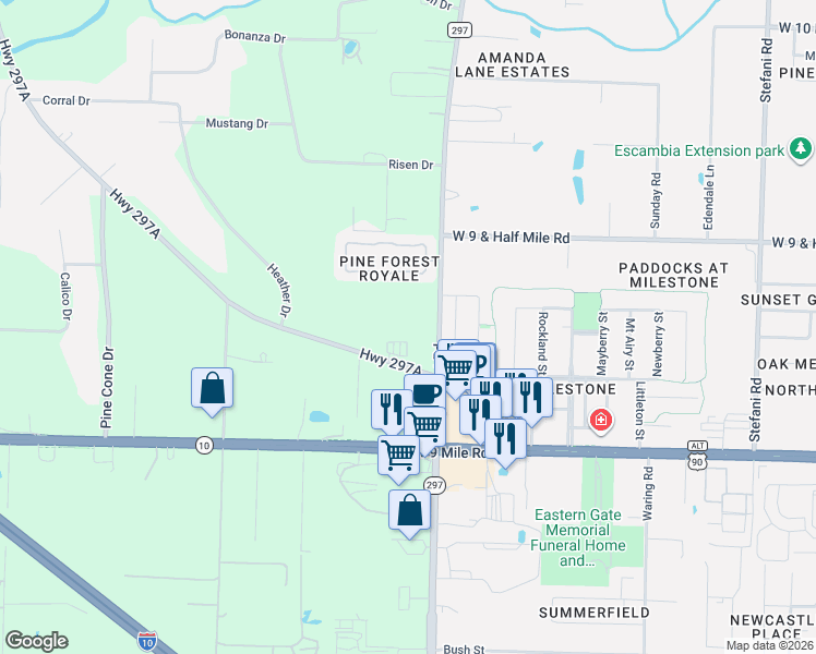 map of restaurants, bars, coffee shops, grocery stores, and more near 4003 Pine Forest Road in Cantonment