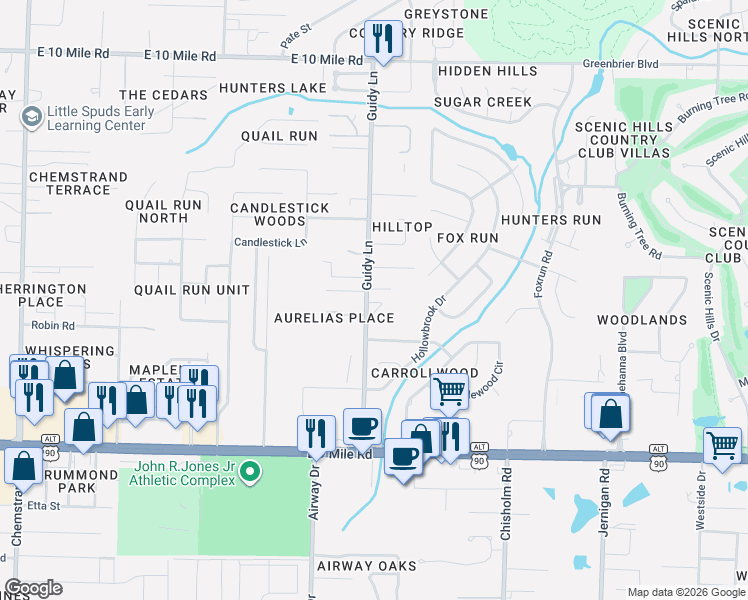 map of restaurants, bars, coffee shops, grocery stores, and more near 9640 Guidy Lane in Pensacola