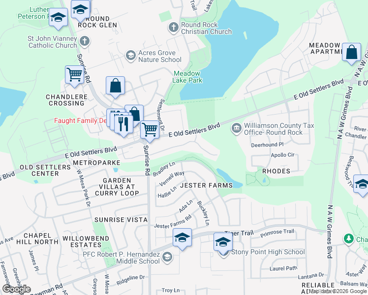 map of restaurants, bars, coffee shops, grocery stores, and more near 2471 Sunrise Road in Round Rock