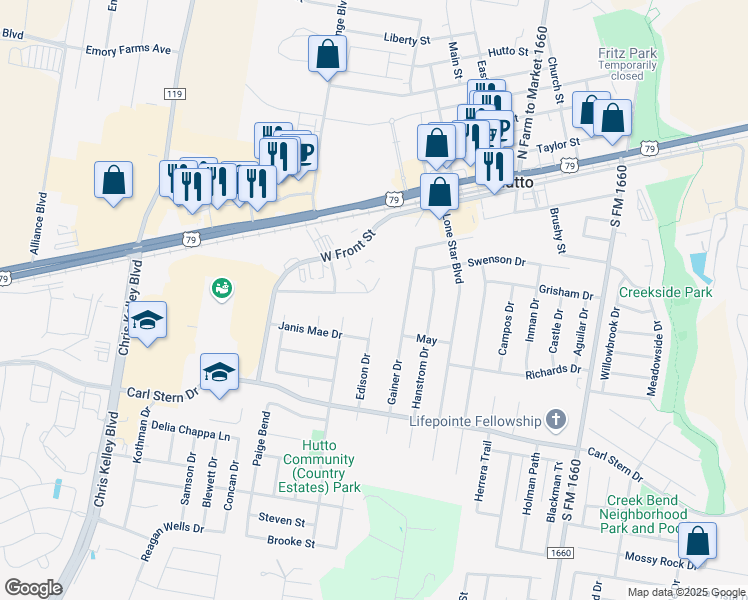 map of restaurants, bars, coffee shops, grocery stores, and more near 228 Marvin Cove in Hutto