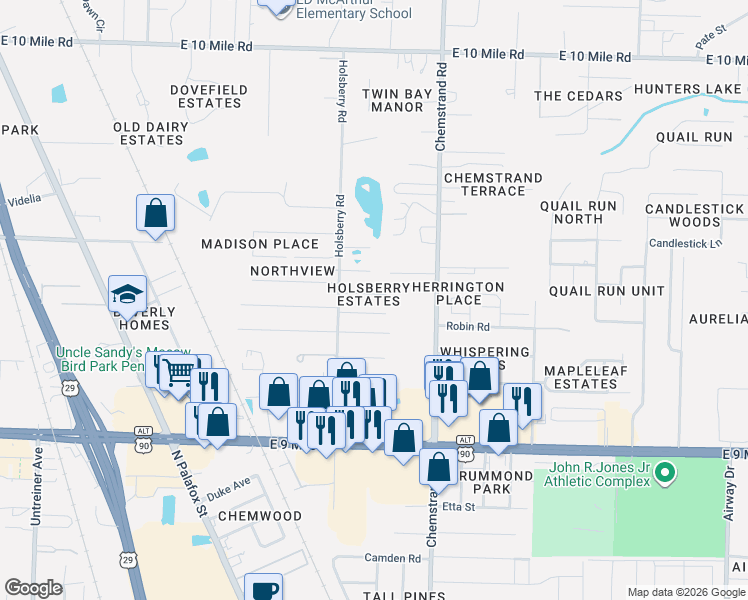 map of restaurants, bars, coffee shops, grocery stores, and more near 623 Saleta Street in Pensacola