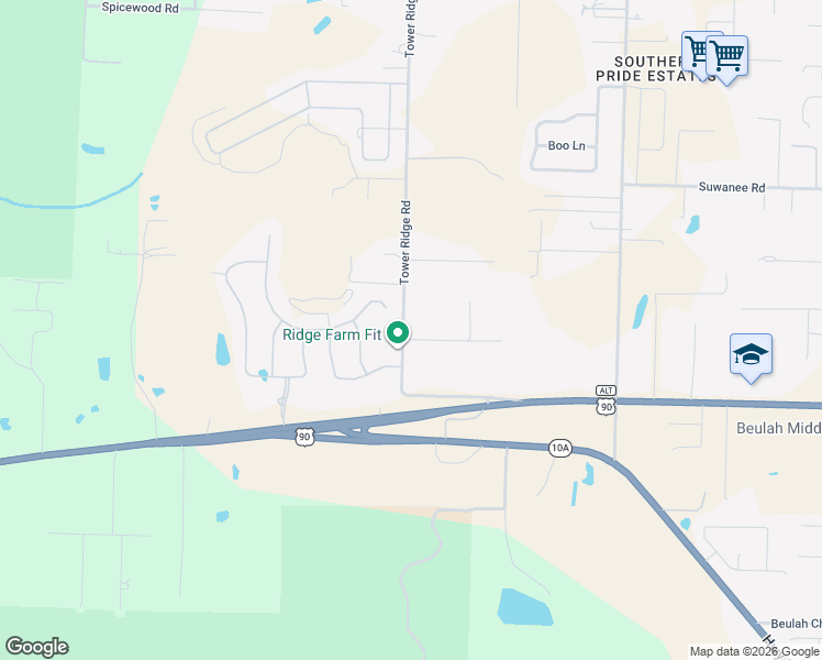 map of restaurants, bars, coffee shops, grocery stores, and more near 9570 Tower Ridge Road in Pensacola