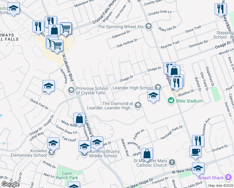 map of restaurants, bars, coffee shops, grocery stores, and more near 2715 Saddle Blanket Place in Leander
