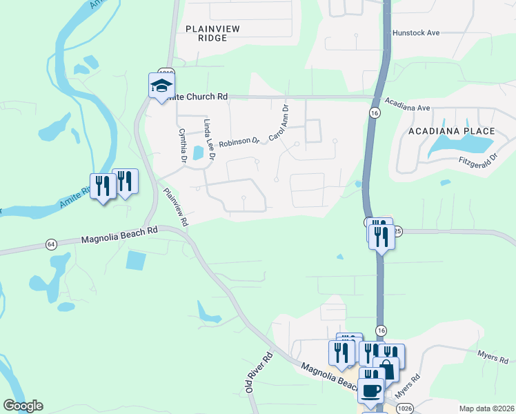 map of restaurants, bars, coffee shops, grocery stores, and more near 32418 Brandywood Drive in Denham Springs