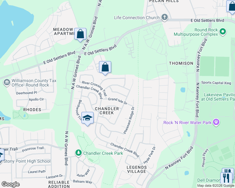 map of restaurants, bars, coffee shops, grocery stores, and more near 114 Copperwood Loop in Round Rock