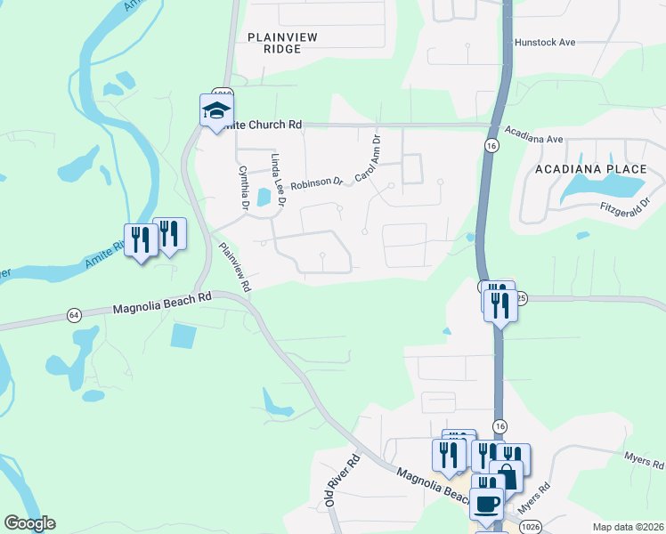 map of restaurants, bars, coffee shops, grocery stores, and more near 7357 Cherrydale Drive in Denham Springs