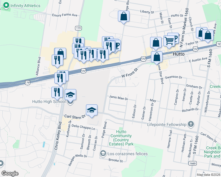 map of restaurants, bars, coffee shops, grocery stores, and more near 100 Marvin Cove in Hutto