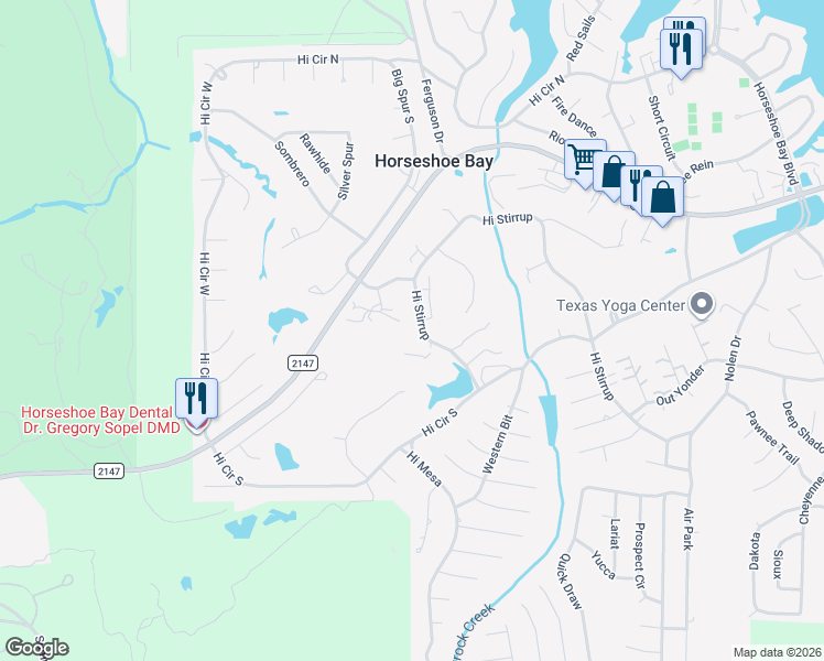 map of restaurants, bars, coffee shops, grocery stores, and more near 1215 Hi Stirrup in Horseshoe Bay