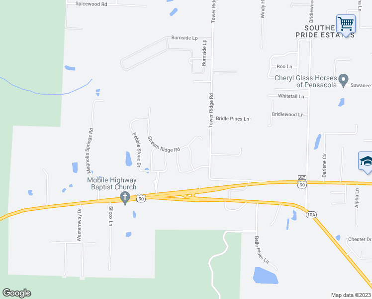 map of restaurants, bars, coffee shops, grocery stores, and more near 9151 Brookline Drive in Pensacola