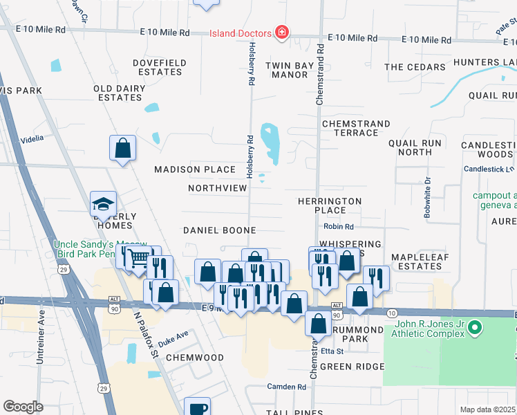 map of restaurants, bars, coffee shops, grocery stores, and more near 623 Saleta Street in Pensacola
