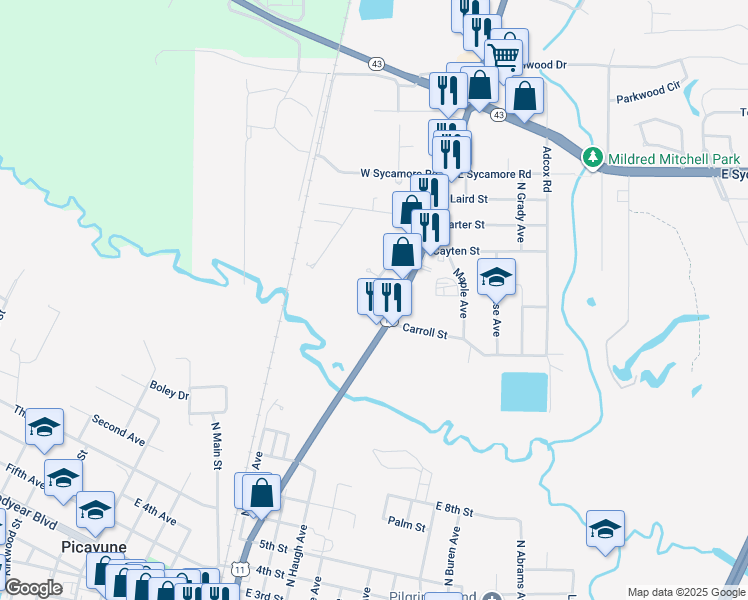map of restaurants, bars, coffee shops, grocery stores, and more near 1003 U.S. 11 in Picayune
