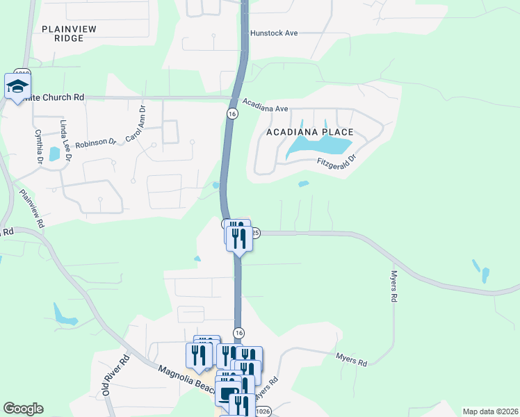 map of restaurants, bars, coffee shops, grocery stores, and more near 8045 Arnold Road in Denham Springs