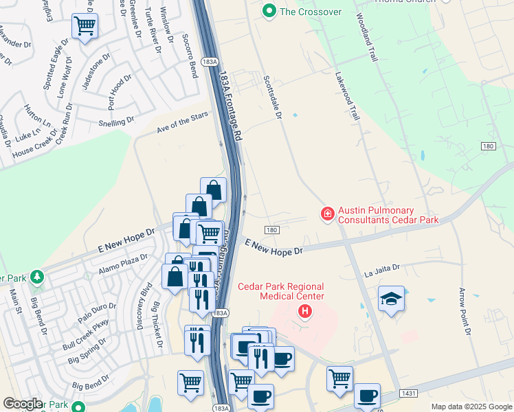 map of restaurants, bars, coffee shops, grocery stores, and more near 2002 County Road 180 in Leander
