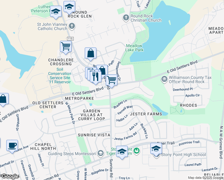 map of restaurants, bars, coffee shops, grocery stores, and more near 2499 Sunrise Road in Round Rock