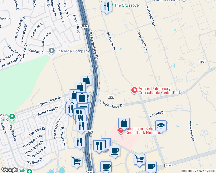 map of restaurants, bars, coffee shops, grocery stores, and more near 2002 County Road 180 in Leander