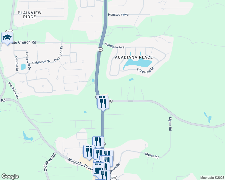 map of restaurants, bars, coffee shops, grocery stores, and more near 8007 Arnold Road in Denham Springs