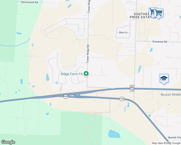 map of restaurants, bars, coffee shops, grocery stores, and more near 9570 Tower Ridge Road in Pensacola