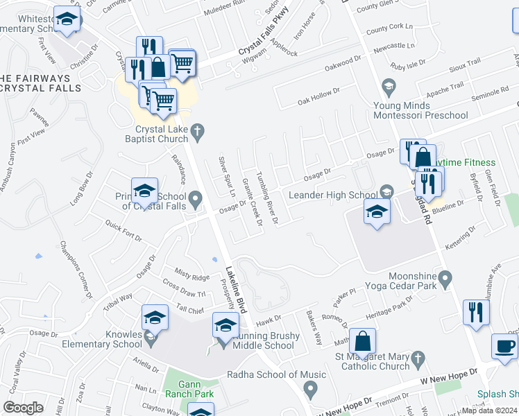 map of restaurants, bars, coffee shops, grocery stores, and more near 2706 Granite Creek Drive in Leander