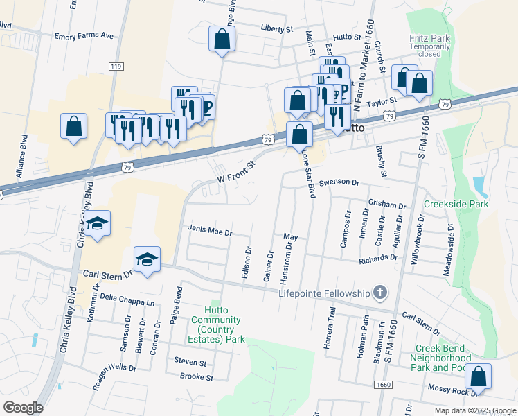 map of restaurants, bars, coffee shops, grocery stores, and more near 232-234 Marvin Cove in Hutto